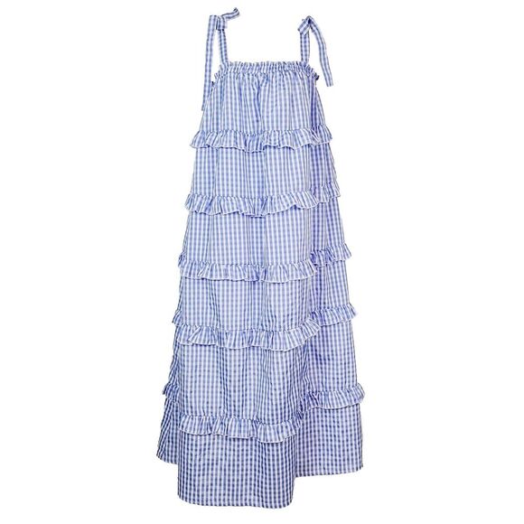 English Factory Dress M Blue White Gingham‎ Tiered Ruffle Tie Shoulder Maxi - Picture 1 of 6